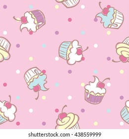 Cupcake seamless pattern vector illustration. Cupcakes, muffin pattern seamless background, pattern for textile, fabric, wrapping paper, wallpaper, packaging.