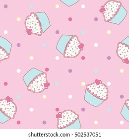 Cupcake seamless pattern vector illustration. Cupcakes, muffin pattern seamless background, pattern for textile, fabric, wrapping paper, wallpaper, packaging.