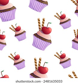 Cupcake seamless pattern. Whipped cream, cherry and wafer rolls. Sweet food, dessert. Cute illustration, vector isolated on white background.