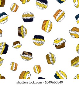 Cupcake seamless pattern. Wrapping paper. Cute birthday background on white, yellow and black. Sweets background design. Vector illustration.