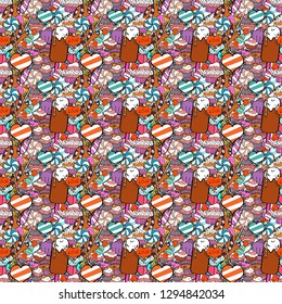 Cupcake seamless pattern. Wrapping paper. Sweets background design. Vector illustration. Cute birthday background on white, orange and black.