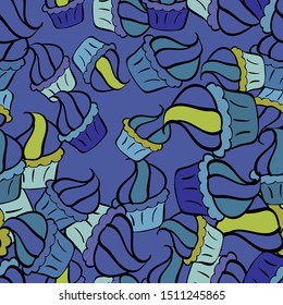 Cupcake seamless pattern. Wrapping paper. Sweets background design. Vector illustration. Cute birthday background on blue, black and green.