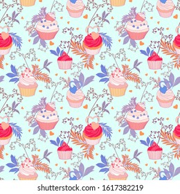 Cupcake Seamless Vector. Botanical Flower Pattern Valentine Illustration.