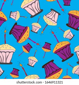 Cupcake seamless vector pattern. Hand drawn cute doodle cupcakes isolated on blue background. Design for party, birthday, greeting cards, gift wrap, stationery,gifts,wrapping paper,printed materials.