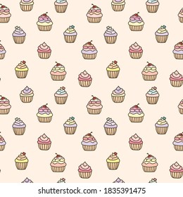 Cupcake seamless vector repeat pattern design background. Pastel muffin doodle background for bakery or fabric.