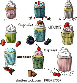 Cupcake set with berries and chocolate.