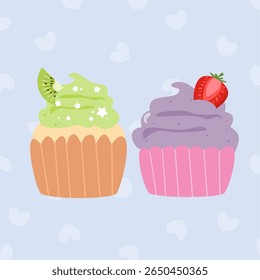 Cupcake set cartoon. Kiwi and strawberry cartoon. Can be used for wallpaper, sticker and menu element