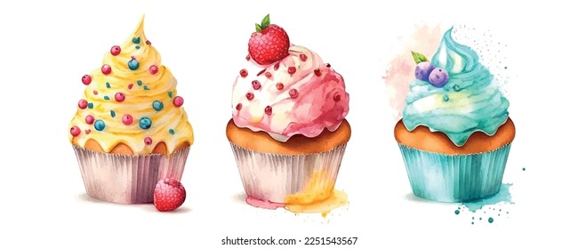 cupcake set with cream. watercolor illustration ice cream