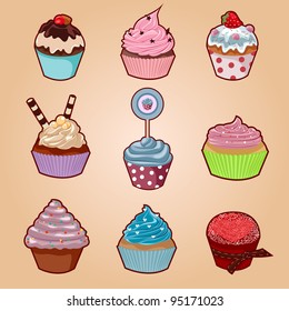 Cupcake set with cute cartoon cupcakes in more styles and colors for any taste.