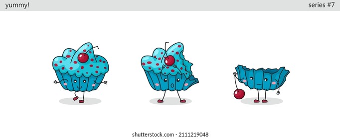 Cupcake. Set of cute kawaii characters. Funny cartoon fast food icons in different situations. Vector comic style graphics