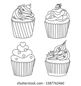 Cupcake set with different flavors. Hand drawn 4 muffin collection. Doodle coloring cupcakes.