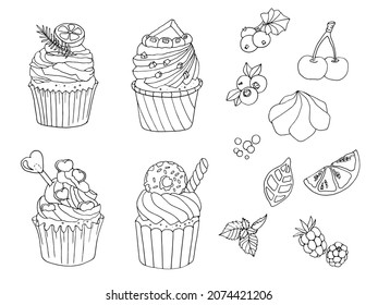 Cupcake set graphic sweet food sketch black white illustration vector