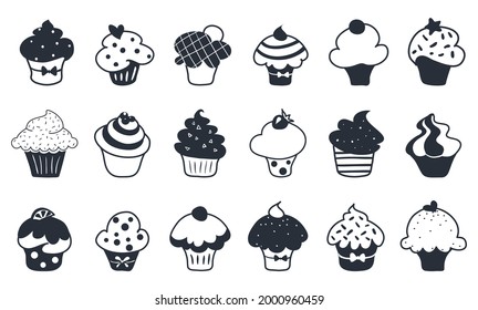 Cupcake set, hand drawn, Scandinavian style, black and white vector illustration