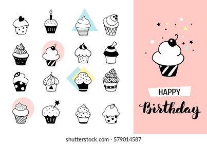 Cupcake set, happy birthday card, hand drawn illustration, Scandinavian design.