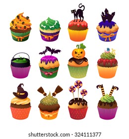 Cupcake set. Happy Halloween Scary Sweets. Pumpkin, cat and bats. Halloween  Vector Illustration for your Promo Party Invitation Design