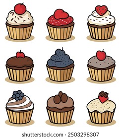 Cupcake Set, Ideal for Dessert and Bakery Themes - Flat Vector Illustration