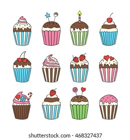  Cupcake set   isolated,  vector illustrations hand drawn doodle.
