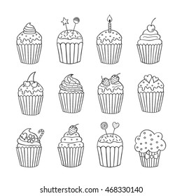 Cupcake Set  Isolated  Vector Illustrations Hand Drawn Doodle.