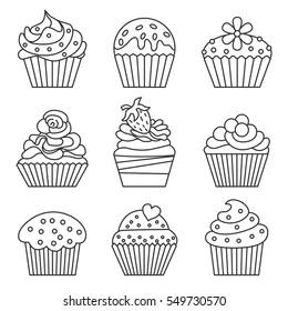 Cupcake set. Line style. Vector illustration.