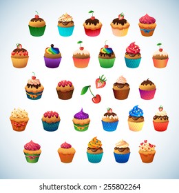 Cupcake set for sweet lovely menu design. Chocolate and vanilla desserts with berry and icing. Bows and ribbons decorate cupcakes