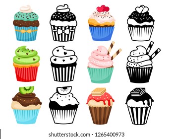 Cupcake set vector illustration. Colorful and silhouettes sweet cakes