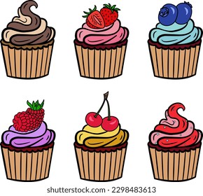 Juego de tartas. Ilustración vectorial de pasteles deliciosos en un fondo blanco