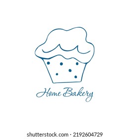Cupcake shop logo. Round linear logo of cake store. Hand-drawn maffin emblem. Home backery design concept.