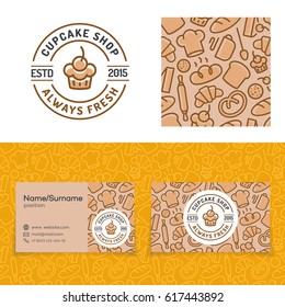 Cupcake shop set with baking pattern, card and logo consisting of cake, sign always fresh for identity bakery firm, cafe, loaf store, food market etc. Vector Illustration