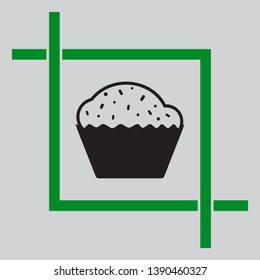 Cupcake sign. Black icon inside green crop tool at light gray background