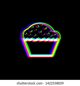 Cupcake sign. Red, green and blue unfocused contour icon at black background. Illustration.