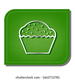 Cupcake sign. Silver gradient line icon with dark green shadow at ecological patched green leaf. Illustration.