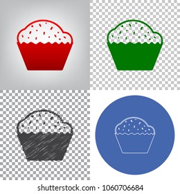 Cupcake sign. Vector. 4 styles. Red gradient in radial lighted background, green flat and gray scribble icons on transparent and linear one in blue circle.