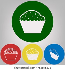 Cupcake sign. Vector. 4 white styles of icon at 4 colored circles on light gray background.