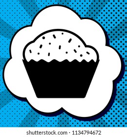 Cupcake sign. Vector. Black icon in bubble on blue pop-art background with rays.