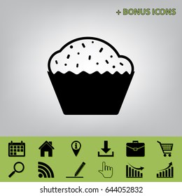 Cupcake sign. Vector. Black icon at gray background with bonus icons at celery ones