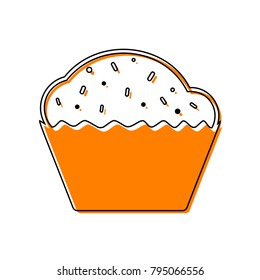 Cupcake sign. Vector. Black line icon with shifted flat orange filled icon on white background. Isolated.
