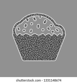 Cupcake sign. Vector. Black maze filled icon with white border at gray background.
