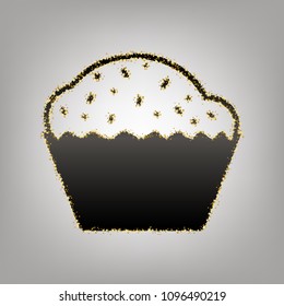 Cupcake sign. Vector. Blackish icon with golden stars at grayish background.