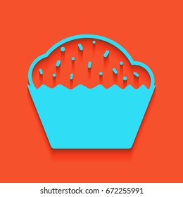 Cupcake sign. Vector. Blue icon with soft shadow putted down on flamingo background.