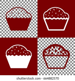 Cupcake sign. Vector. Bordo and white icons and line icons on chess board with transparent background.
