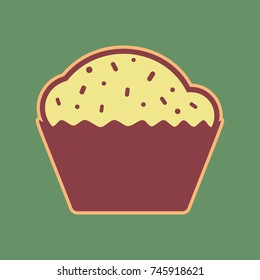 Cupcake sign. Vector. Cordovan icon and mellow apricot halo with light khaki filled space at russian green background.