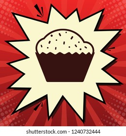 Cupcake sign. Vector. Dark red icon in lemon chiffon shutter bubble at red popart background with rays.