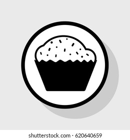 Cupcake sign. Vector. Flat black icon in white circle with shadow at gray background.