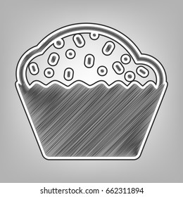 Cupcake sign. Vector. Pencil sketch imitation. Dark gray scribble icon with dark gray outer contour at gray background.