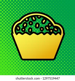 Cupcake sign. Vector. Pop art orange to yellow dots-gradient icon with black contour at greenish background.