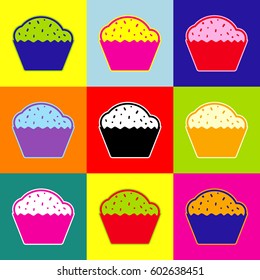 Cupcake sign. Vector. Pop-art style colorful icons set with 3 colors.