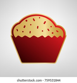 Cupcake sign. Vector. Red icon on gold sticker at light gray background.