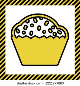 Cupcake sign. Vector. Warm yellow icon with black contour in frame named as under construction at white background. Isolated.