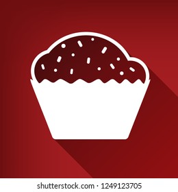 Cupcake sign. Vector. White icon with limitless shadow at ruby red background.