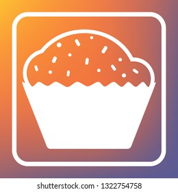 Cupcake sign. Vector. White icon on transparent button at orange-violet gradient background.